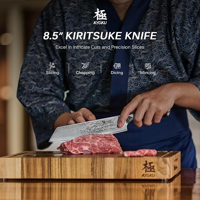 KYOKU Kiritsuke Chef Knife 8.5" - Shogun Series - Japanese Style VG10 Steel Core Forged Damascus Blade - with Sheath & Case