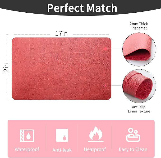 Maxpearl Faux Leather Placemats Set of 4, Easy to Clean, Retro Red | Waterproof - Heat Resistant - Non Slip - Wipe Clean Dining Table Place Mats, Suitable for Indoor & Outdoor Use, 17''×12''