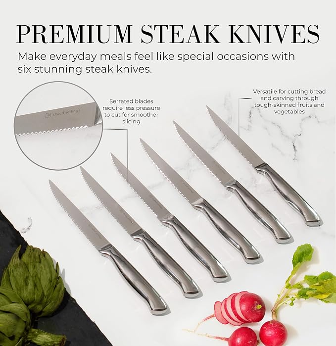 Styled Settings Stainless Steel Knife Set with Built In Sharpener, 14-Piece | Ultra Sharp, High Carbon Stainless Steel Kitchen Knife Set Includes White Knife Block with Sharpener Built In