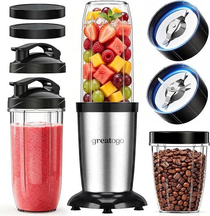 Personal Bullet Blender for Smoothies and Shakes, Kitchen Portable Compact Smoothie Maker with 2×24oz To-Go Cups, 10oz Grinding Cup for Frozen Drinks, Small Ice, and Spices