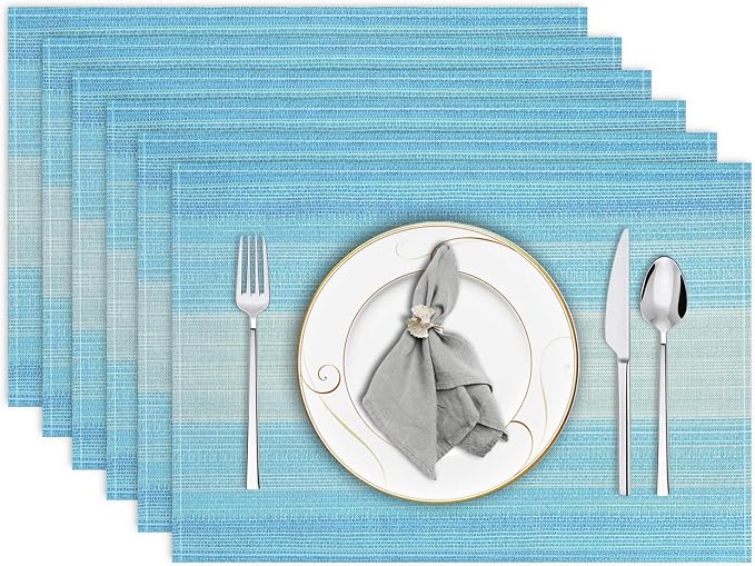 Placemats, Placemats Set of 6 Washable Place Mats, Blue 12" x 18" | Easy to Clean, Heat Resistant Table Mats, Wipeable Linen Placemat for Holiday Party Kitchen Dining Table Decoration
