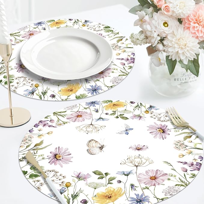 50PCS Floral Paper Placemats Disposable Table Mats, Elegant Flower Wreath Design, Summer Spring Wild Flowers Round Placemats Wedding/Brunch/Bride Party Supplies