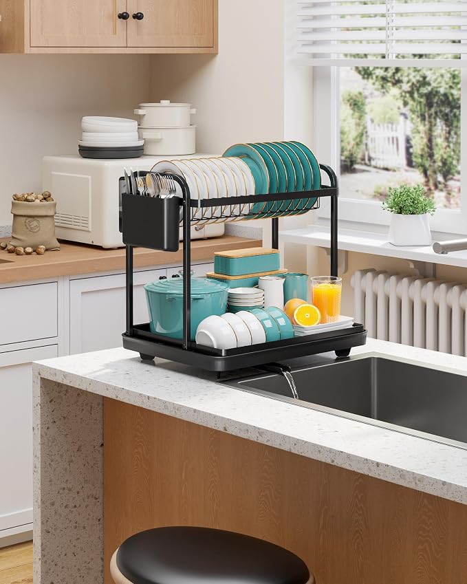 Sakugi 2-Tier Dish Drying Rack - Stainless Steel Dish Rack with Cutlery & Utensil Holders for Kitchen Counter, Sink Organization and Storage for Small Family, 15" W x 11.4" L x 15" H, Black | Kitchen, Sink Counter, Stainless Steel, Counter Top, Utensil...