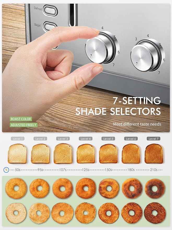 Yabano 4 Slice Stainless Steel Toaster with Extra Wide Slots | 7 Shade Settings, High Lift Lever, Bagel And Muffin Function, Removable Crumb Tray, Warming Rack, Silver Finish