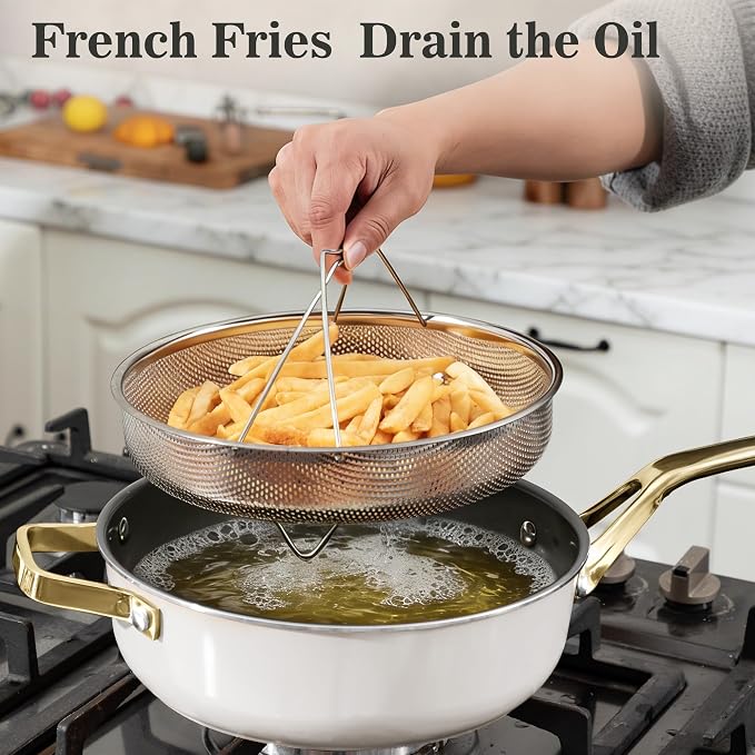 10-in-1 White Ceramic Nonstick Deep Saute Pan Set With Steamer & Lid, 4QT | 10''.PFAS-free frying pan.non-toxic.Induction ready. Oven safe to 480°F. Cool-touch handle. Dishwasher safe. Perfect for RVs!