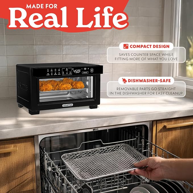 Gourmia Toaster Oven Air Fryer - 4 Slice Capacity, Single Door, Digital Display, Air Fry, Toast & Dehydrate, Convection Cooking, Fits 8” Pizza, 3 Rack Positions, Dishwasher-Safe Trays, Black