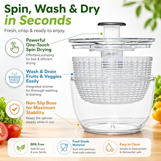 Good Grips Salad Spinner 3.6L – Large Lettuce Spinner & Salad Cleaner with Bowl & Lid, Fruit Washer, Vegetable Cleaner, Strainer Bowl, Fast Drying Multipurpose Kitchen Tool