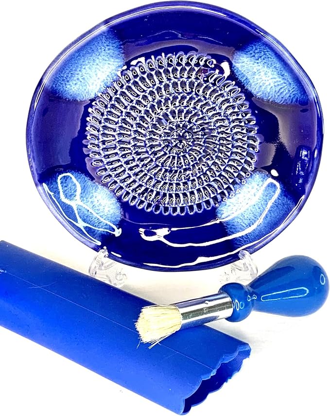 Premium Ceramic Garlic Grater Plate Set - Blue Cross Glazed | All-in-One 4-Piece Set includes 5.25" Plate, Peeler, Brush, and Stand - For Garlic, Ginger, Fruits, Strawberries, and more!