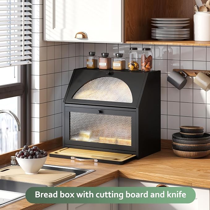 STDDRE Double Layer Bamboo Corner Bread Box with Cutting Board(Black) | Extra-large capacity. Double Layer Bread Storage Bin with Door Panel for Kitchen Counter.for kitchen counter