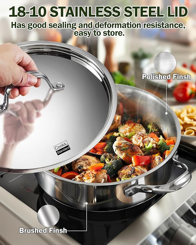 Cooks Standard Multi-Ply Clad 4 Quart Stainless Steel Sauté Pan, 10.5 Inch Deep Frying Pan Skillet with Lid, Induction-Ready Cooking Pan with Stay-Cool Handle, Dishwasher & Oven Safe