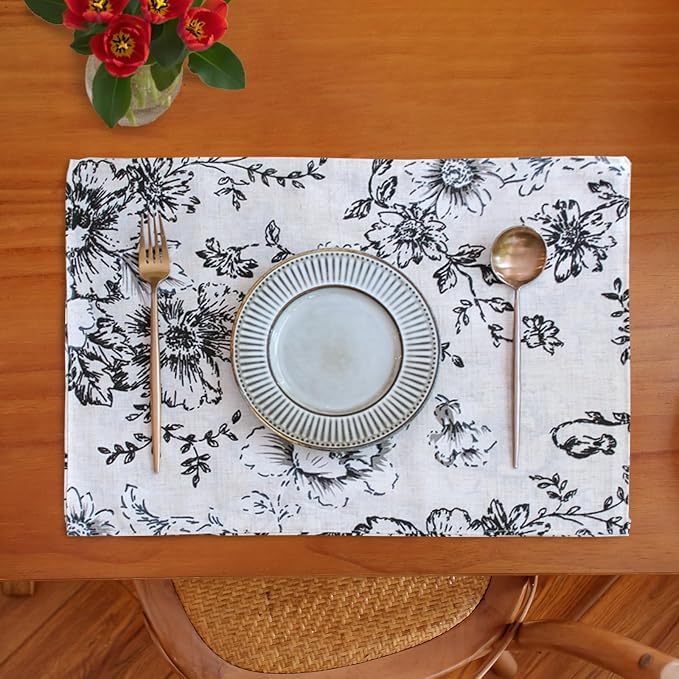 JINCHAN Alice Linen Floral Placemats Set of 4 Farmhouse 13x19 Inch Black | Fabric Placemats, Cottage Style, Floral Line Art, Machine Washable, Easy to Store, Reusable
