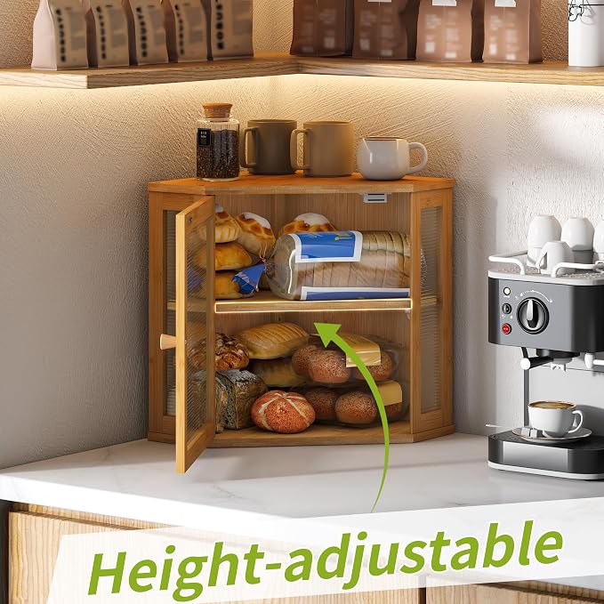 BMOSU Corner Bread Box for Kitchen Countertop Double Layer Bamboo Wooden Bread box Large Capacity Bread Storage Bin(Natural, Medium)