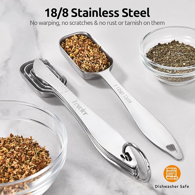 U-Taste Narrow Square Measuring Spoons, Metal Measure Set of 7 with Leveler | Long Handle Rectangular Teaspoon Tablespoon, 18/8 Stainless Steel Polygons Measure Spoon Set, Narrow Scoop for Spice Jars