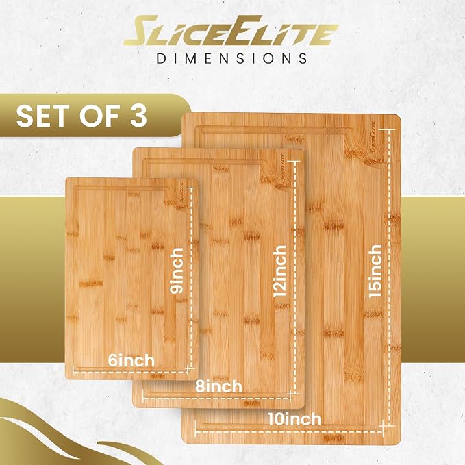 SliceElite Wood Cutting Board - 3 Piece Bamboo Cutting Board Set, Wooden Cutting Boards for Kitchen with Deep Juice Groove, Side Handles - Wood Chopping Boards for Meal Prep, Meat, Vegetables