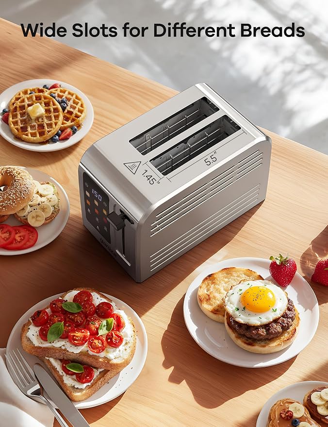Ganiza Smart Toaster 2 Slice with Touchscreen, Digital Countdown Timer, Touch Screen Toaster Wide Slot, Full Stainless Steel, Defrost Reheat Cancel, +/-10s Fine-Tune, Removable Crumb Tray, Max 925W