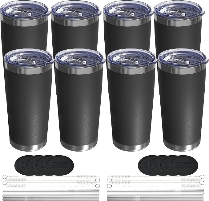 20oz Travel Coffee Tumbler 8 Pack, Lids and Straws, Stainless Steel | Double Wall Vacuum Insulated Tumbler, Coffee Mug for Hot & Cold Drinks, Fits Most Car Cup Holders, Black