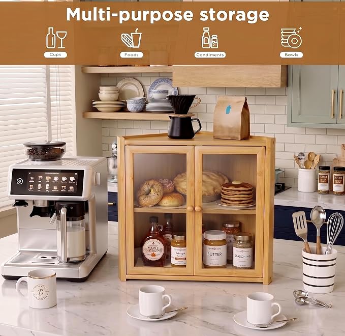 Corner Bread Box for Kitchen Countertop, Double Layer Bamboo Bread Bin with Clear Windows and Double Doors, Wooden Bread Storage Container for Bread, Snacks, Natural