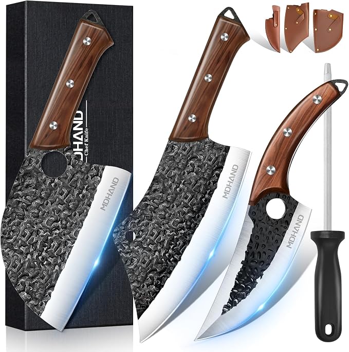 Butcher Knife Set, Hand Forged Serbian Chef Knife Set Gift for Men | High Carbon Steel 8PCS Kitchen Knife Set with Sharpener, Ergonomic Handle, Meat Cleaver Knife for Kitchen Outdoor Cooking BBQ