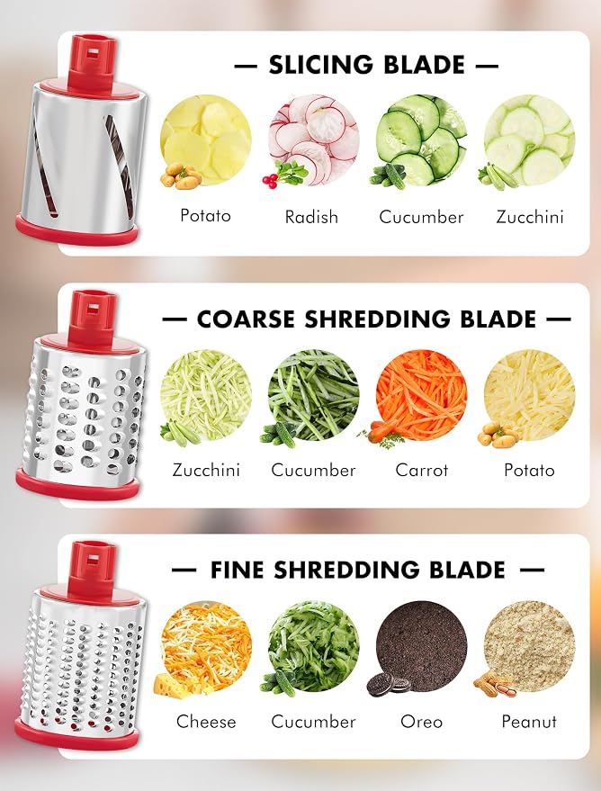 GDL Upgraded 5 in 1 Rotary Cheese Grater, Cheese Shredder Vegetable Slicer | 5 Stainless Steel Blades, Non-slip suction base, No BPA, Dishwasher Safe, Wavy Slicing, 12x Faster for Veggie, nut, ice