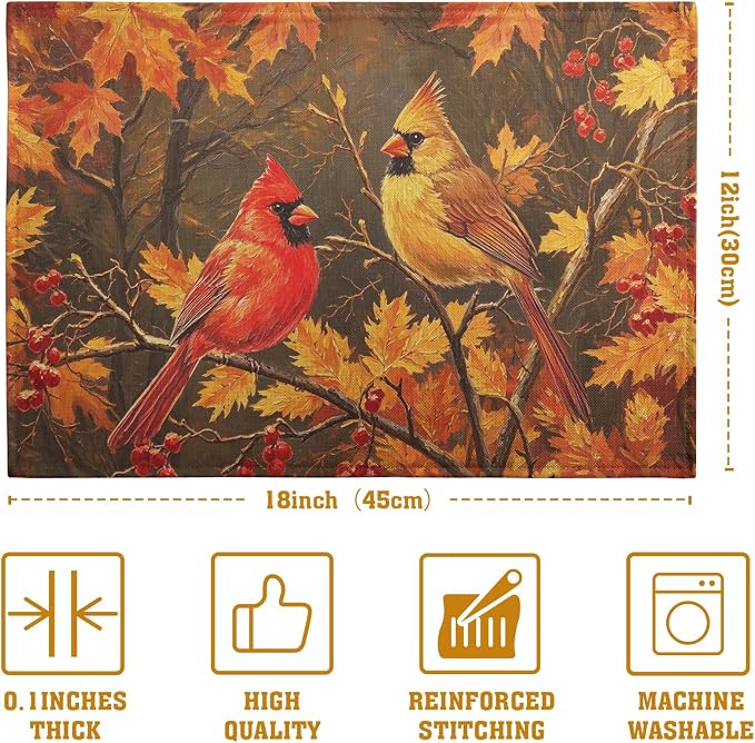 Maple Leaf Birds Fall Placemats Set of 4 Rustic Autumn Colored Maple Forest Tree Place Mat Seasonal Thanksgiving Harvest Table Mats for Party Kitchen Dining Outdoor Indoor Decor