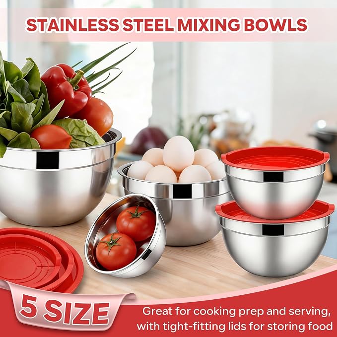 E-far Mixing Bowls With Lids Sets of 5, 10-Piece Stainless Steel Salad Metal Nesting Bowl for Baking Cooking and Prepping, Airtight Lid & Stackable Design, Size 4.6, 3, 2.1, 1.5, 0.7 QT, Red
