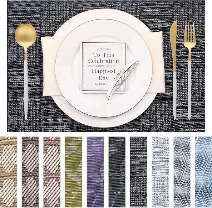 Placemats Set of 6 Plastic Vinyl Place Mats for Dinner Table, No-Slip Wipeable Table Mats Daily Use Patio Kitchen Decoration (18"x12", Black)