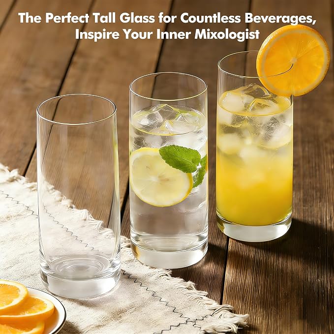 Highball Glasses Set of 6, Clear Drinking Glass for Mixed Drink | 13oz ,Cups for Cocktail, Beer, Mojito, Water and Juice,Thick Tall Glassware for Kitchen, Restaurant, Home Bar and Parties