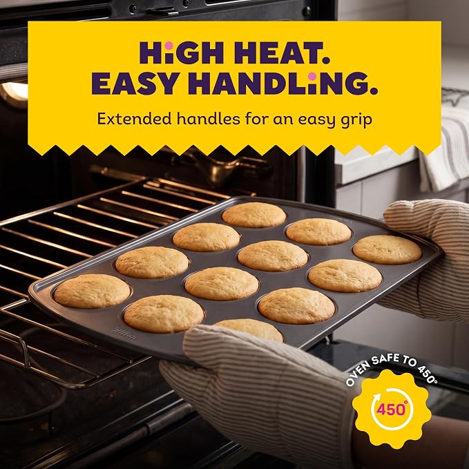 Wilton Gold Non-Stick Muffin Top Pan, Stainless Steel, 11 x 16 in. | Non-Stick Steel with Scratch-Resistant Coating, Resists Warping, Extended Handles, Dishwasher Safe, Perfect for Muffin Tops