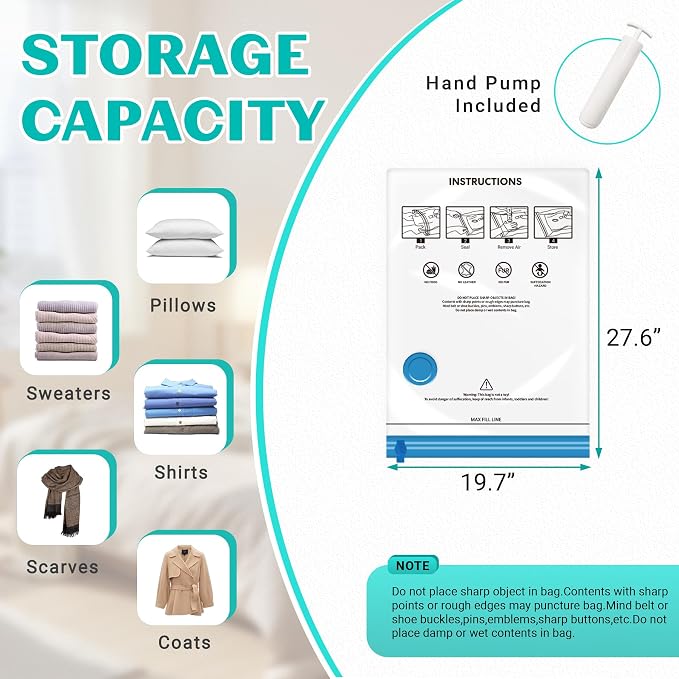 10 Pack Medium Vacuum Storage Bags Seal Bags for Bedding Clothing Compression Bags for Travel Blankets and Comforters Hand Pump Included