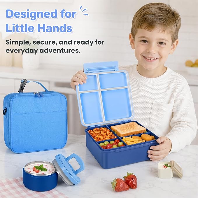 Bento Lunch Box with 8oz Soup Thermo,Kids Leakproof 4 Compartment Lunch Food Containers with Sauce Cup and Ice Pack,Kids Thermo Insulated Hot Food Jar and Lunch Bag for School,Trvael-Blue