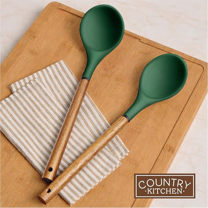 Country Kitchen Non Stick Silicone Utensil Set with Rounded Wood Handles for Cooking and Baking, 8 Piece Set, Green