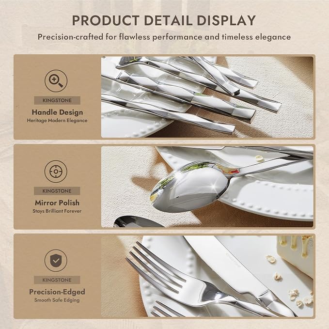 60 Piece 18/10 Silverware Set, Stainless Steel Flatware Cutlery set for 12 | KINGSTONE Luxury Silverware with Diamond Cut Pattern, Mirror Polished Utensils for Kitchen, Wedding, Party, Dishwasher Safe