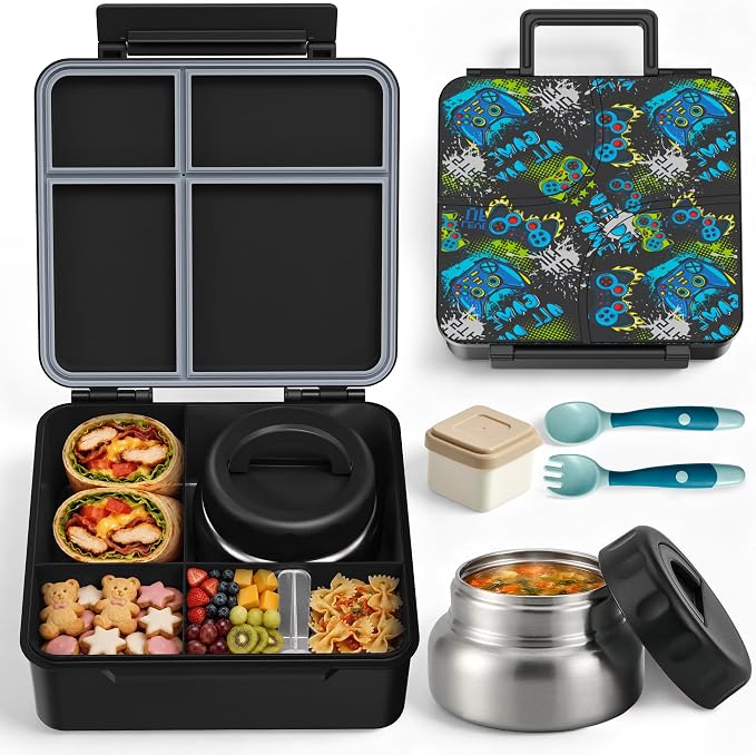 JSLOVE Bento Lunch Box with Leak Proof Thermos Food Jar for Kids, Food Lunch Containers for Boys with 4 Compartments, BPA-Free with Utensils, Food Picks, Sauce Jar & Silicone Lunch Box Dividers