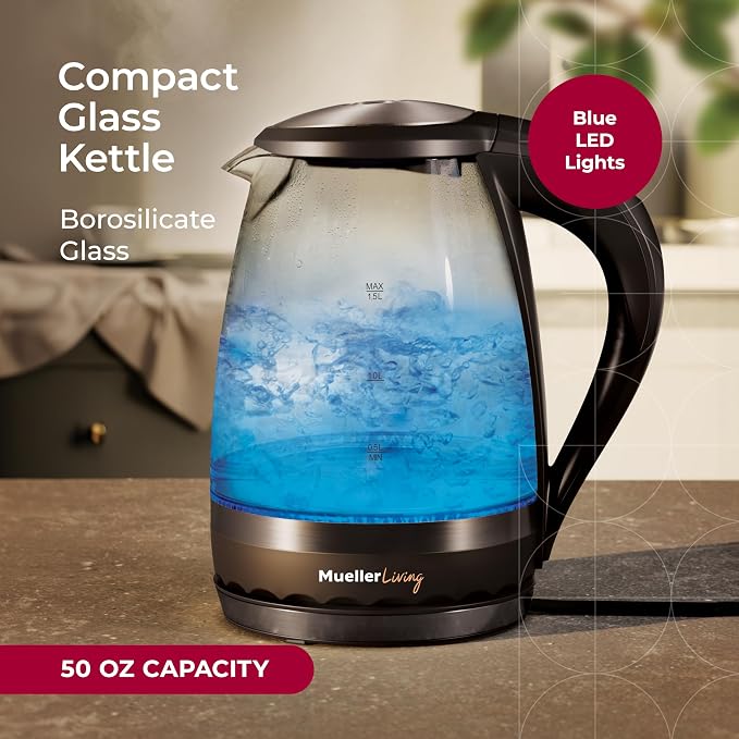 MuellerLiving Glass Kettle 1.5L 1500W LED Light Electric Tea Kettle Automatic Shut-Off with SpeedBoil Tech and Boil-Dry Protection | 1.5L | 1500W | LED Light | Automatic Shut-Off | SpeedBoil Tech | Boil-Dry Protection