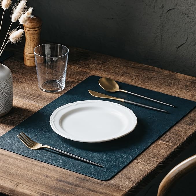 Placemats Set of 4, DOLOPL Reversible Dual-Color Faux Leather Place Mats 17"x11.8"– Waterproof, Heat Resistant, Washable & Wipeable, Luxury Retro Style for Kitchen, Dining Table (Camel/Navy Blue)