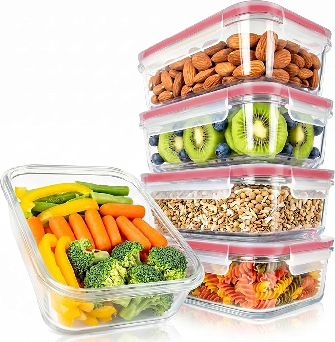 Nutrichef 10-Piece Glass Food Containers - Stackable Superior Glass Meal-prep Storage Containers, Newly Innovated Leakproof Locking Lids w/Air Hole, Freezer-to-Oven-Safe (Red)