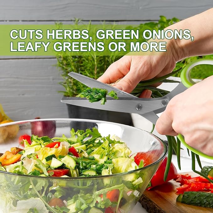 Herb Scissors, Shallot Scissors, Multipurpose 5 Blade Kitchen Herb Shears, Herb Cutter with Safety Cover and Cleaning Comb for Chopping Shallot Basil Chive Parsley
