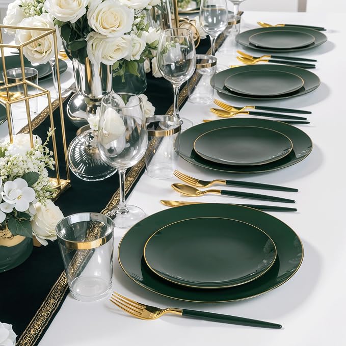 DaYammi 150Pcs Green Plastic Plates with Gold Rim,Gold and Green Disposable Plates with Cutlery Included 30 Dinner Plate,30 Dessert Plate,30 Knives,30 Forks,30 Spoon, green plates for Party Dinner