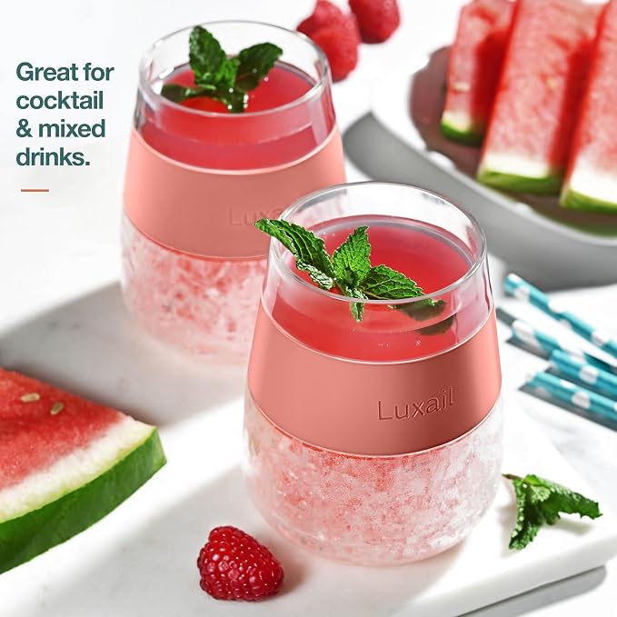 luxail Wine Glasses, Plastic Wine Glasses Set of 2, Wine Gifts, Double Wall Insulated Freezer Tumbler, Stemless Freezer cups for Red and white Wine, 8.5 Oz, Coral
