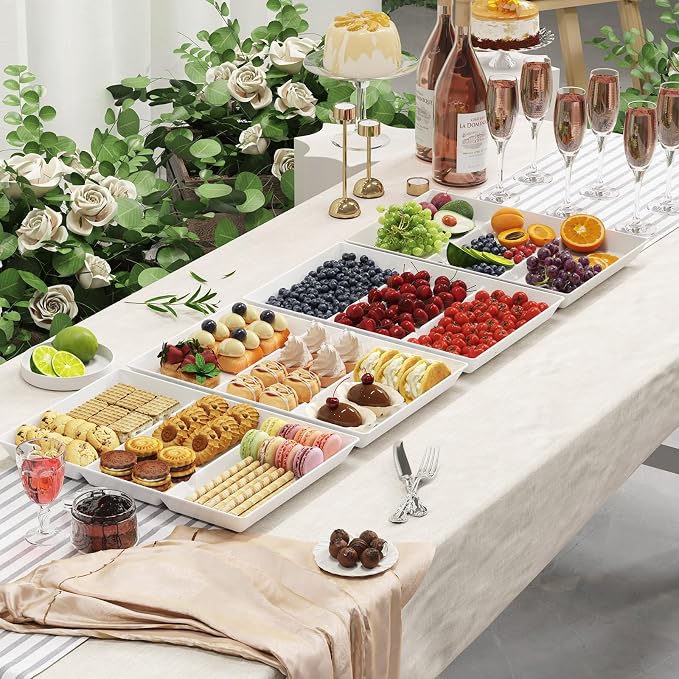 Lifewit Divided Serving Tray for Party, 6 Pack Plastic Food Serving Platter | 15" x 10" White Reusable Fruit and Veggie Tray, Catering Dishes for Dessert, Snacks, Entertaining, Holiday Hosting Essentials