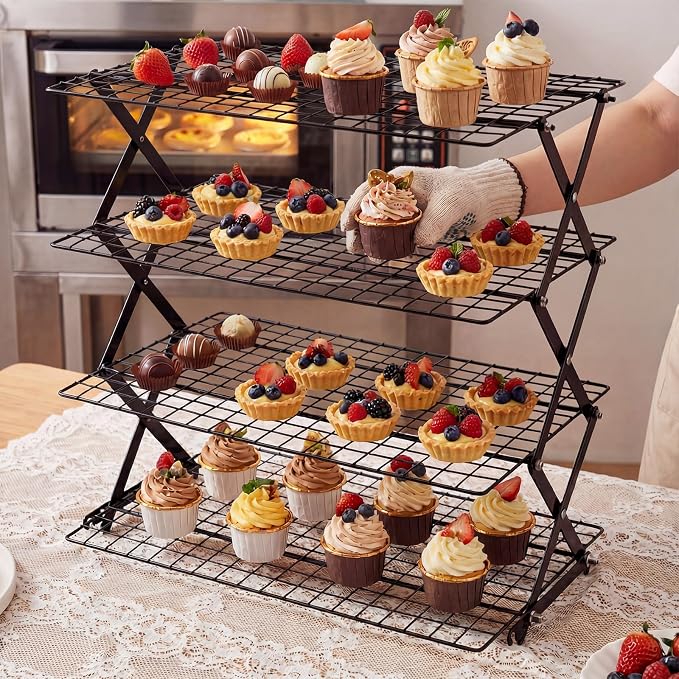 4-Tier Upgraded Collapsible Cooling Rack with Adjustable Setting Design,Cooking Drying Wire Cooling Rack for Baking, Cookies, Cake, Roasting, Grilling