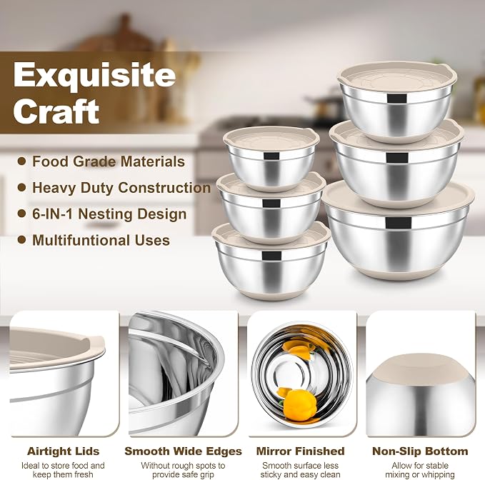 TeamFar Mixing Bowls, Stainless Steel Salad Bowl with Lid & Graters -Khaki | 6 PCS for Kitchen Baking Serving Prepping, Container for Dough Veggie Fruit, Non-Slip & Nesting, 4.6 /3.5 /2 /1.5 /1 /0.7 QT