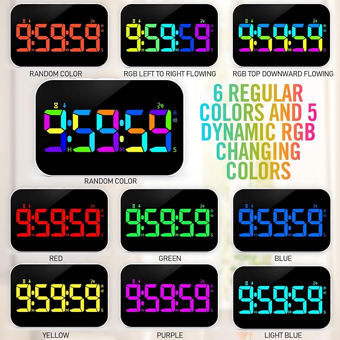 Kitchen Timer for Cooking, Rechargeable Digital Magnetic Timer with Large LED Display, Loud Alarm, Sound Countdown, 4 Volume Levels and 3 Brightness for Classroom, Study (RGB)