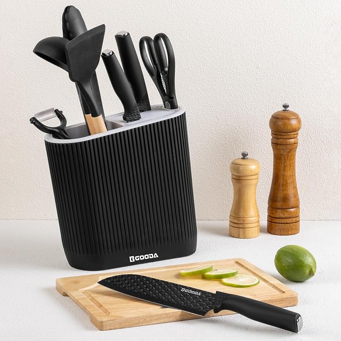 Knife Set with Block,9 Pieces Kitchen Knives and Heat Resistant Silicone Kitchen Utensils Set with Wooden Handle,Ideal Cooking Tools for Kitchen