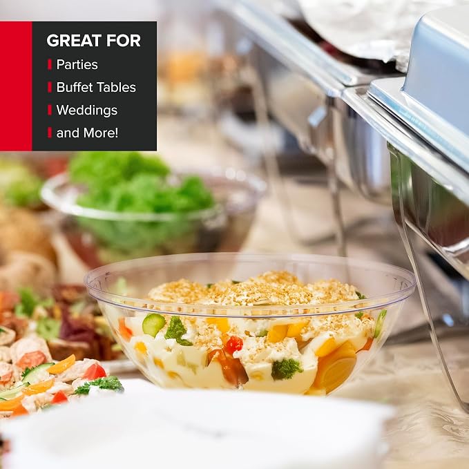 150 oz Clear Plastic Serving Bowls (4 Pack) Disposable Candy Dishes, Buffet Containers for Chips, Popcorn Snacks, Mints, Salad Bar, Punch, Snack Bowl Parties, Office Desk, Bridal Shower Party Supplies