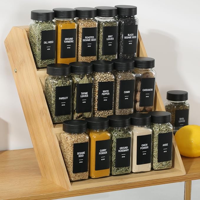 48 Glass Spice Jars with Labels, 4oz Spice Containers with Airtight Lids | Black Square Seasoning Containers with Shaker Lids, Empty Spice Bottles for Rack, Kitchen Drawer, 492 Labels, 1 Funnel