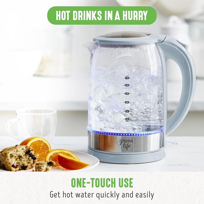 GreenLife 1.7 Liter Electric Glass Kettle, Blue Haze | Glass Body, Auto Shutoff, Thermal Shock Resistant, Quick Heating, Easy One Touch Use, Cordless Serving, LED Base, Coffee/ Tea