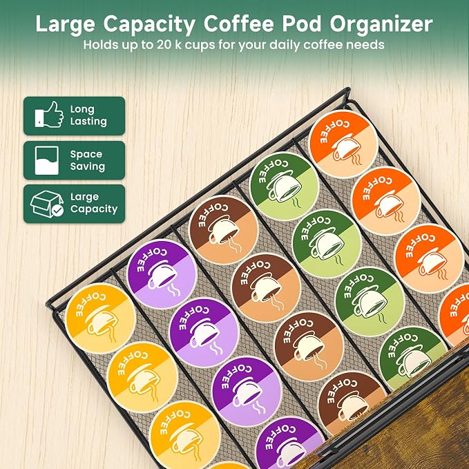 EsLuker.ly Coffee Bar Organizer Station Shelf Mug Holder, with 12 Hooks | 3 Tier Coffee Cup Stand Rack for Countertop, K Cup Pod Organizer Drawer for Home Office, Keeps Essentials Tidy & Accessible