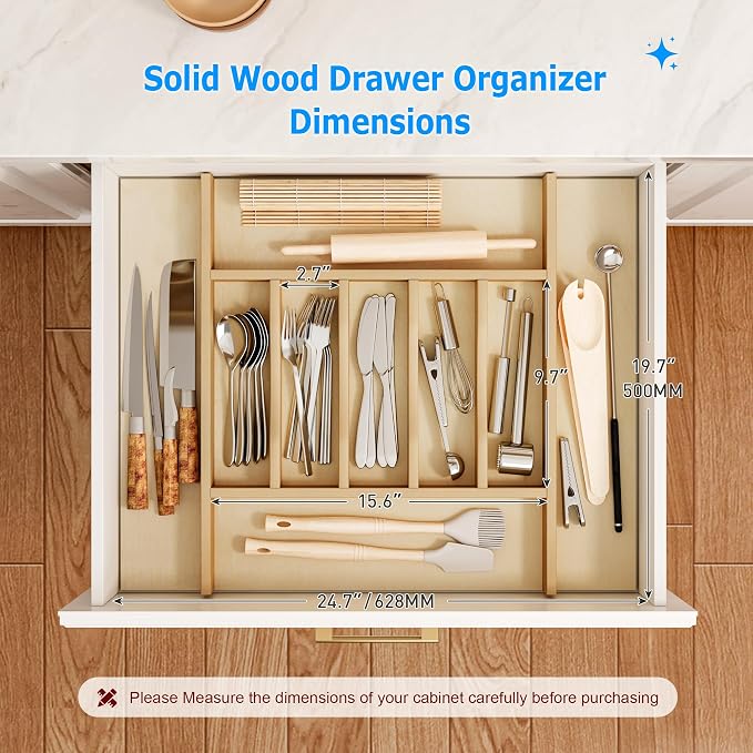 WelFurGeer Premium Wooden Silverware Organizer for Kitchen Drawers, Utensil Tray for Kitchen Drawer, Cutlery Drawer Organizer for Forks, Spoons, Knives - Sturdy Birchwood, Natural Finish