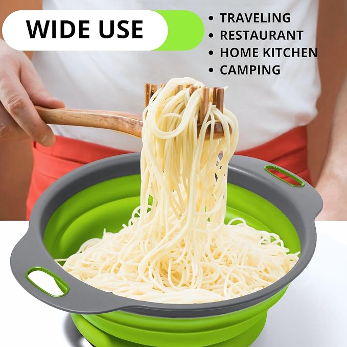Green Kitchen Strainer Colander Set - 2 PCS Multifunctional Colander Silicone Food Strainers for Kitchen for Pasta and Spaghetti Collapsible with Plastic Handles